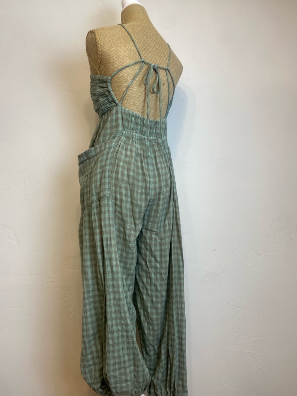 Free People Plaid Halter Jumpsuit with Balloon Style Pants Lightweight